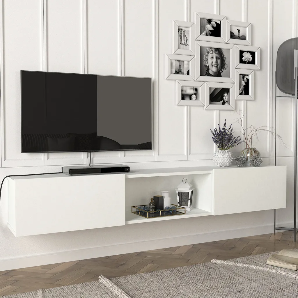 Banc TV blanc moderne de 180cm Paltamo idéal pour grand écran plat