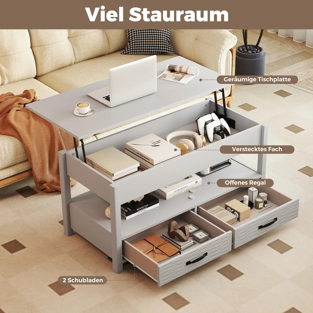 Table basse transformable grise bois avec rangement et plateau relevable - 5