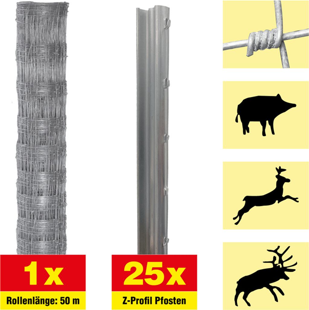 Wildzaun 50 m Set Taurus schwer - Höhe: 120 cm, inkl. 25 Z-Pfosten, Horizontaldrähte: 10
