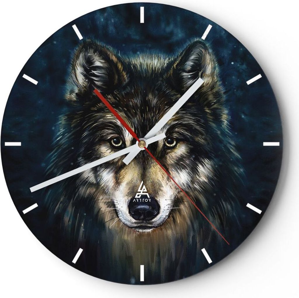 Wanduhr - Rund - Glasuhr - Wolf Dunkel Grafik - 40x40cm - Schleichendes Uhrwerk - Lautlos - zum Aufhängen bereit - Dekoration Modern - Wanddekorat...