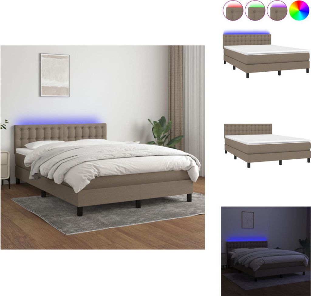 vidaXL Boxspringbett mit Matratze & LED Taupe 140x200 cm Stoff - Betten & Bettgestelle
