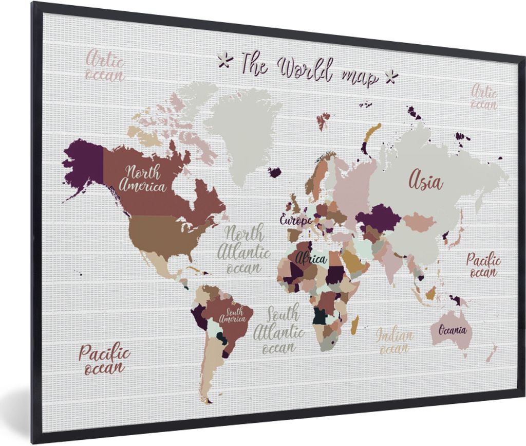 MuchoWow Gerahmtes Poster Weltkarte - Braun - Einfach 30x20 cm - Poster mit Schwarzem Bilderrahmen Wandposter Rahmen Foto Bilder - Kunstdruck - B...
