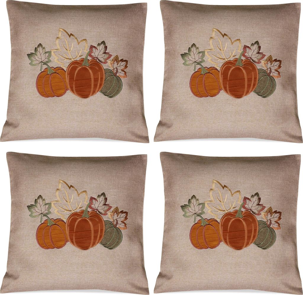 4er Set Kissenhüllen 40x40 cm mit Kürbissen, Blätter als Herbst-Deko