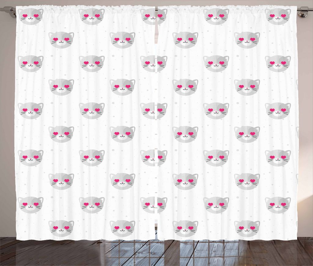 ABAKUHAUS emoji Rustikaler Gardine, Kitty Gesichter Rosa Herzen, Schlafzimmer Kräuselband Vorhang mit Schlaufen und Haken, 280 x 225 cm, Weiß