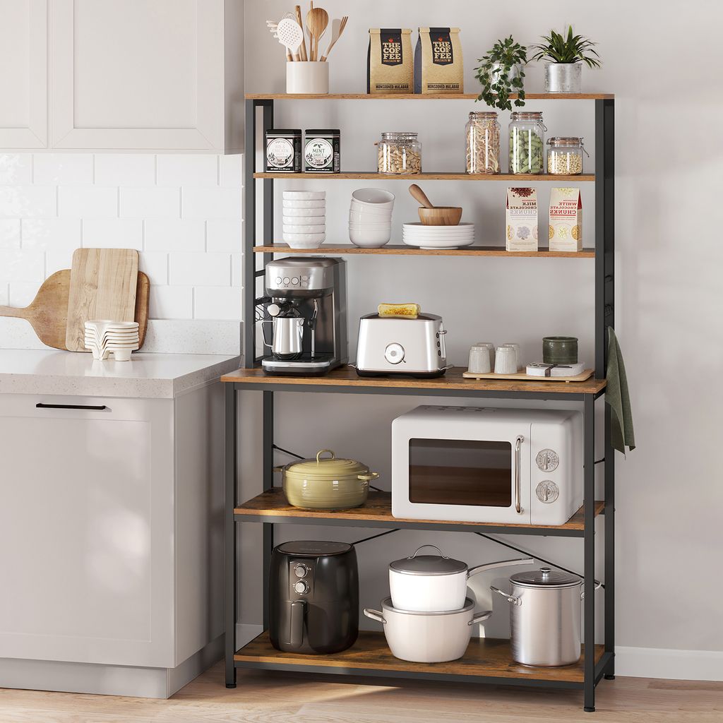 A kitchen shelf unit filled with various kitchen appliances and food items.