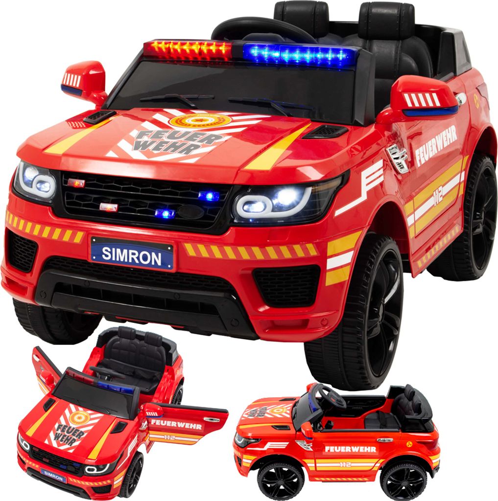 A collage of images showing a red toy fire truck with flashing lights and decals.