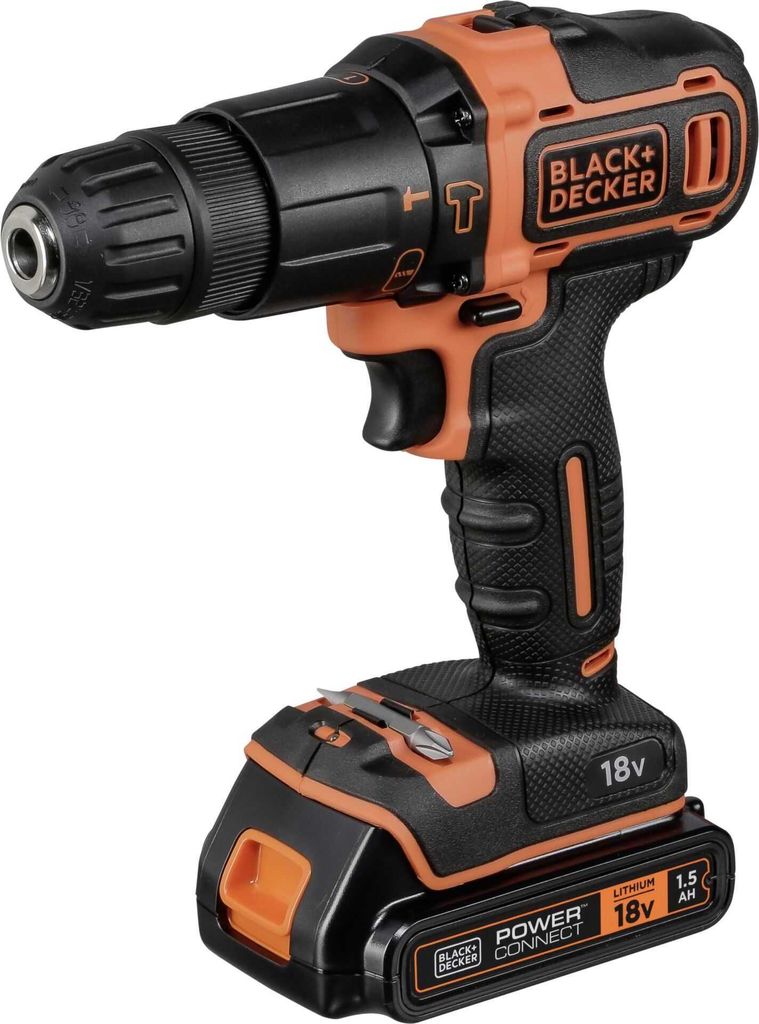 A Black & Decker cordless drill with battery pack, shown against a white background.