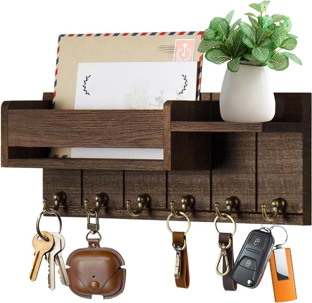 Holz-Schlüsselbrett mit Regal - 6 Schlüsselhaken - Moderne Schlüsselhalter für die Wand - Wohnzimmer Küche Büro Flur Schlafzimmer - Holz-Schl...