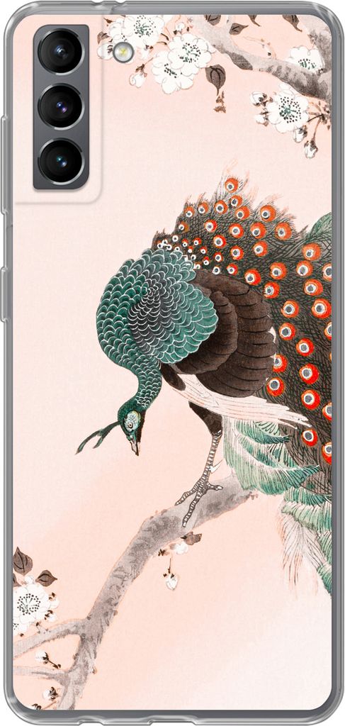 MuchoWow Handyhülle Schutzhülle Hülle für Telefoonhoesje Samsung Galaxy S21 Plus Blüte - Pfau - Federn - Japandi Silikon Softcase Handy Hül...