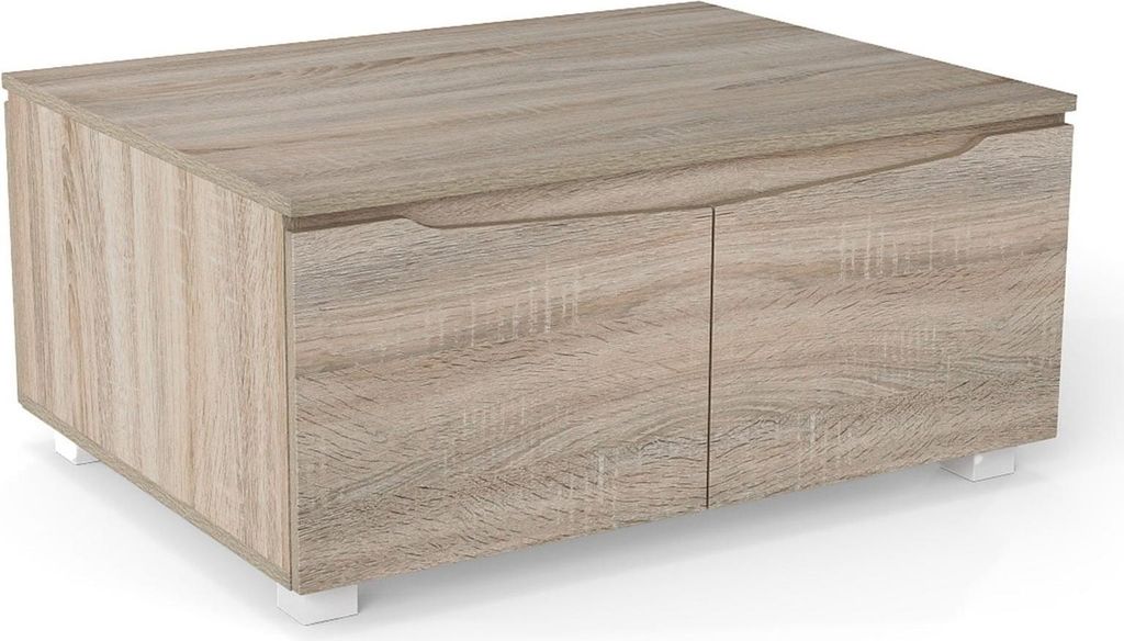 Rustikaler Couchtisch mit verstecktem Stauraum, 4 Türen, Eiche
