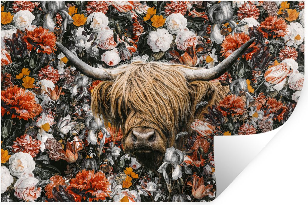 MuchoWow Wandtattoo Wandsticker Wandaufkleber Schottischer Highlander - Blumen - Schwarz - Weiß 120x80 cm Selbstklebend und Repositionierbar - S...