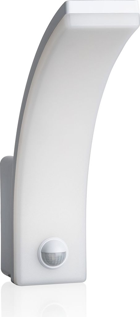 A white LED outdoor light with a motion sensor.