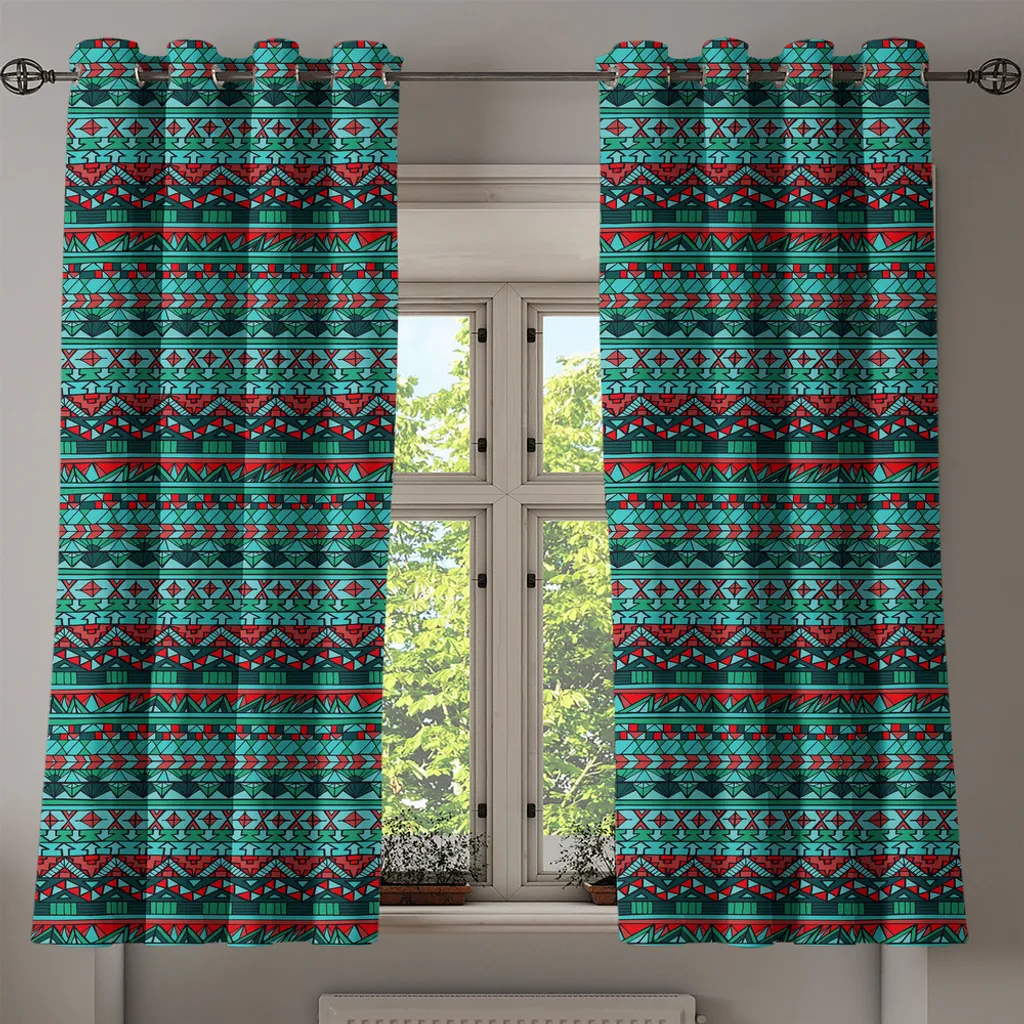 Rideau géométrique ethnique à œillets 280x245cm Rouge et Bleu Sarcelle