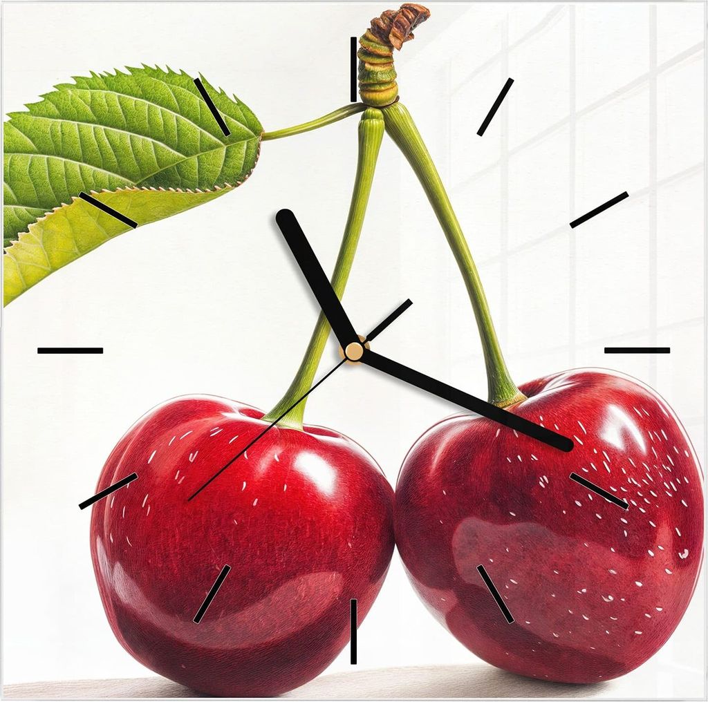 Wanduhr aus Glas mit Motiv Kirschen Duo- 30 x 30 cm - inkl. Aufhängesystem