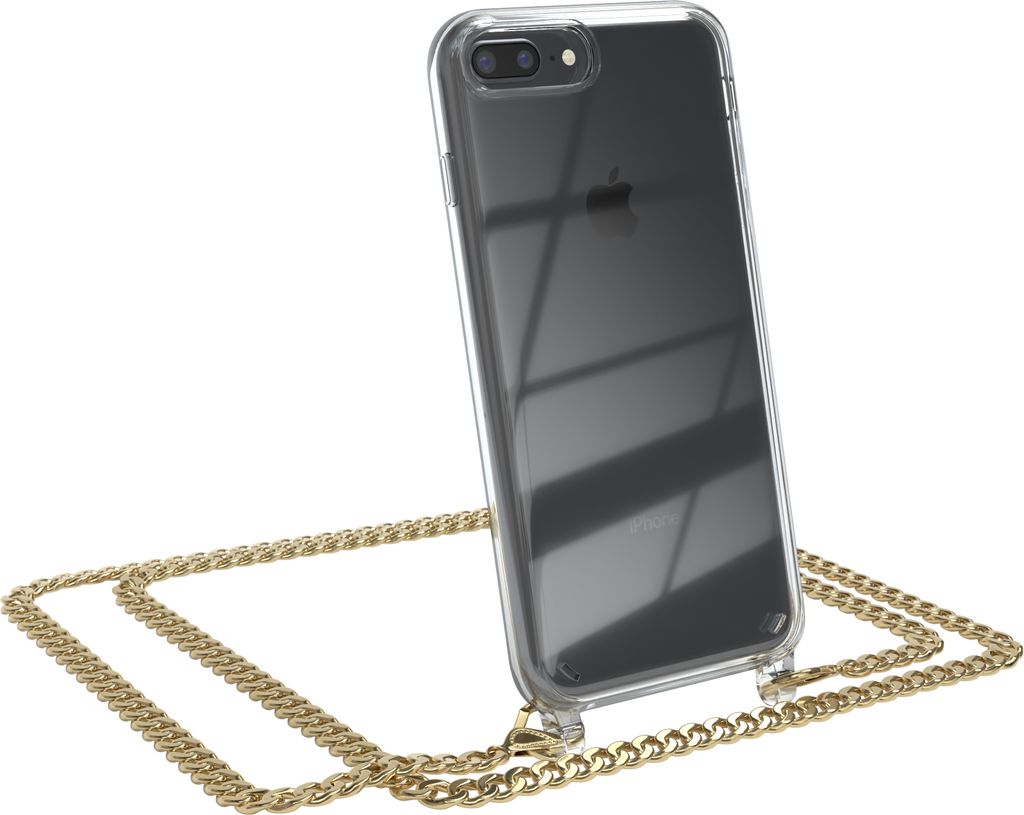EAZY CASE Metall Handykette für Apple iPhone 8 Plus / 7 Plus, Handyhülle mit Umhängeband, Silikonhülle, Metallkette für Smartphone in Gold