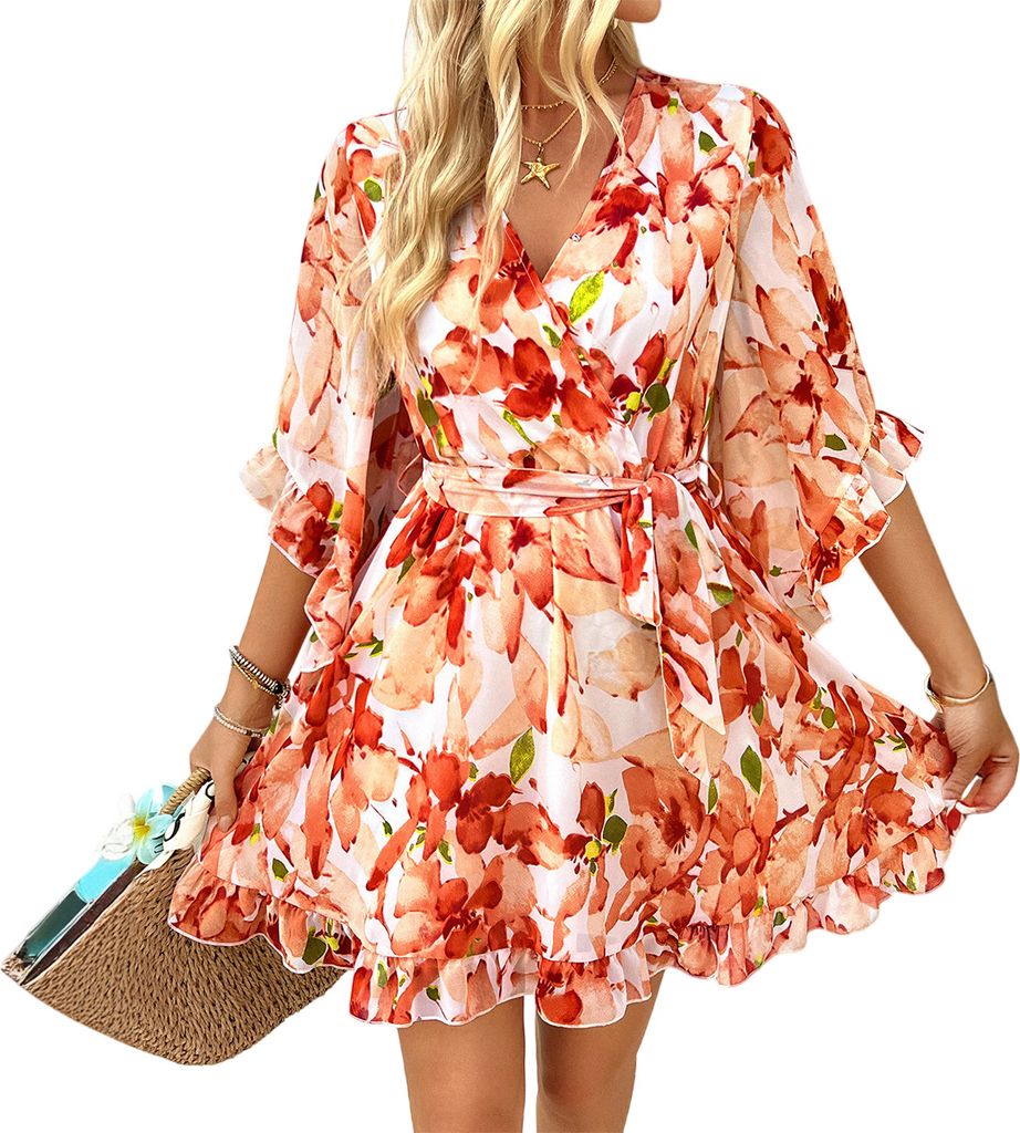 ASKSA Sommerkleid Damen Kurz Elegant Blumen Chiffon V-Ausschnitt Wickelkleid (Dunkelorange,L)