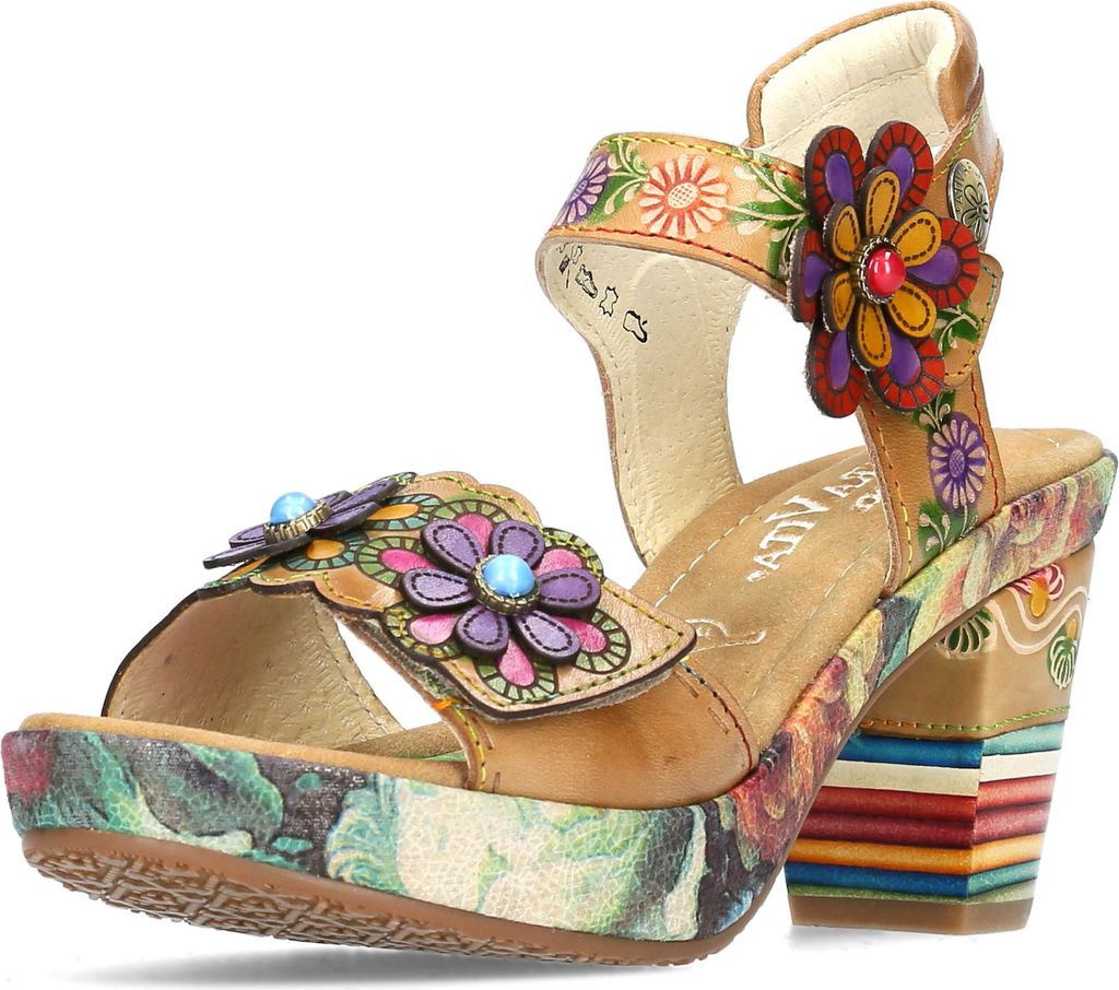 Laura Vita Damen Sandalette Leder Blüte Blockabsatz Klettverschluss Nellao 05, Größe:38 EU, Farbe:Beige