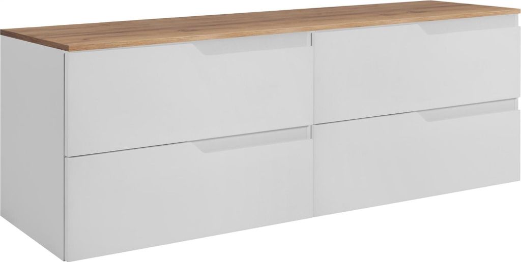 A white cabinet with a wooden top and four drawers.