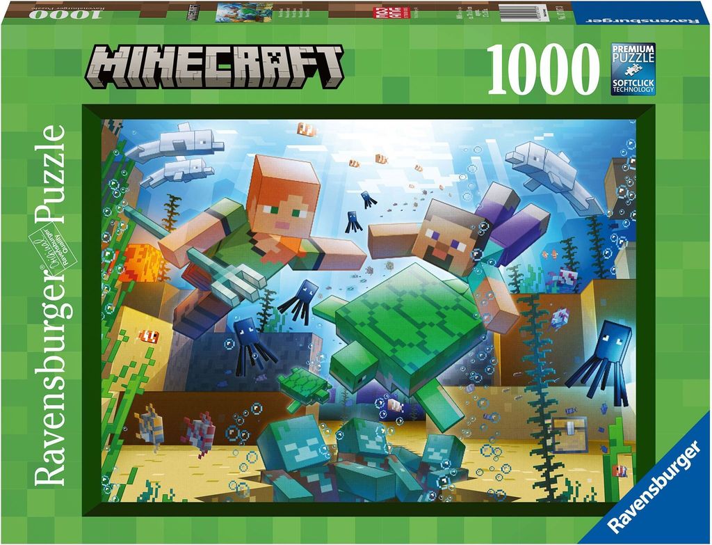 A Minecraft-themed Ravensburger puzzle box featuring an underwater scene with characters and sea creatures.
