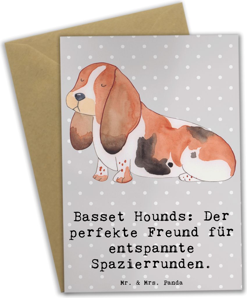 Mr. & Mrs. Panda Glückwunschkarte Basset Hound Freund - Grau Pastell - Geschenk, Hunderasse, Hund, Hunderassen, treuer, Jagdhund, osterkarten, ost...