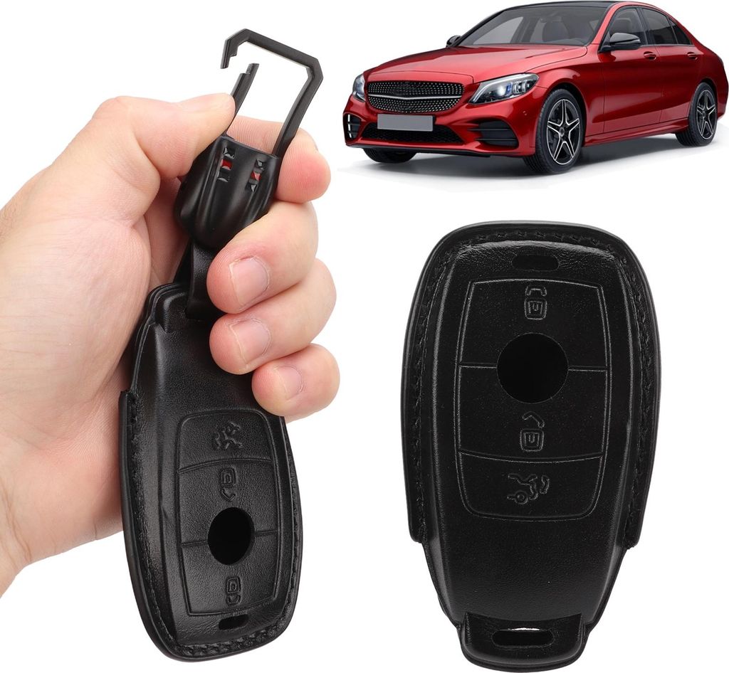 Schlüsselanhänger-Abdeckung, 3 Tasten, Schwarz, echtes Leder, Ersatz für Mercedes Benz A C E S-Klasse