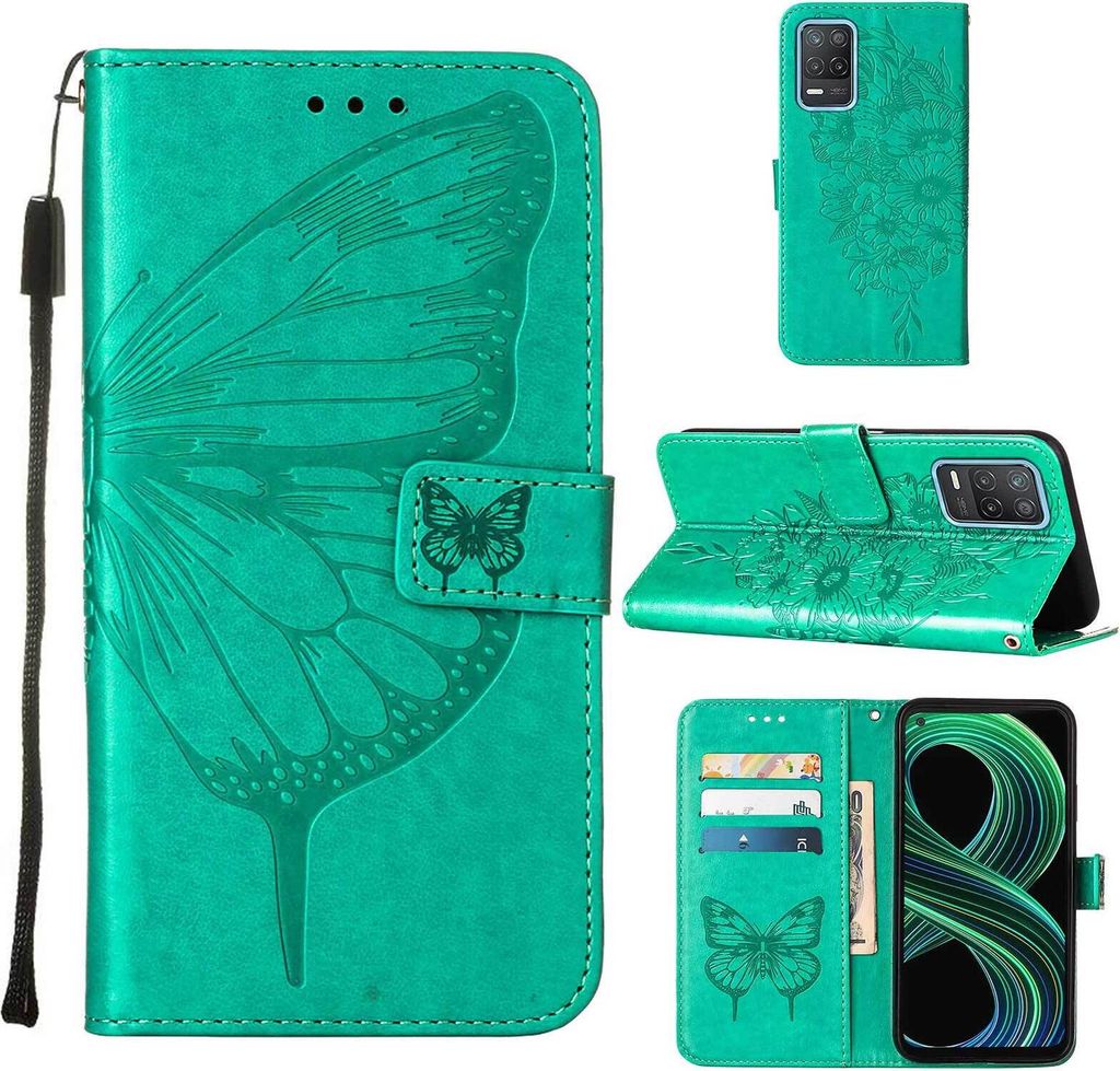 OPPO Realme 8 5G Hülle, Schmetterling Prägung Flip Leder Kartenfächer Schutzhülle Ledertasche mit Ständer für OPPO Realme 8 5G / Realme V13 5...