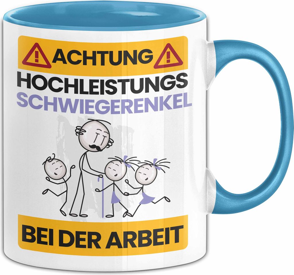 Schwiegerenkel Tasse Geschenk Lustiger Spruch Geschenkidee für Schwiegerenkel Achtung Hochleistungs Schwiegerenkel Bei Der Arbeit (Blau)