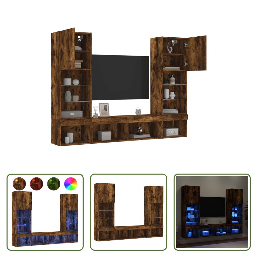 The Living Store 5-tlg. Wohnwand mit LED-Beleuchtung Räuchereiche Holzwerkstoff