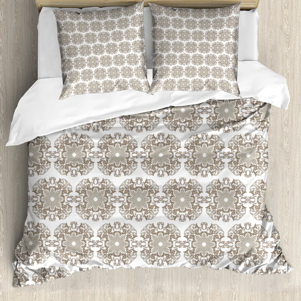 ABAKUHAUS Copripiumino color tortora, motivo barocco vintage, antiacaro e anallergico, con federe, 200 cm x 200 cm - 80 x 80 cm, tortora e bianco