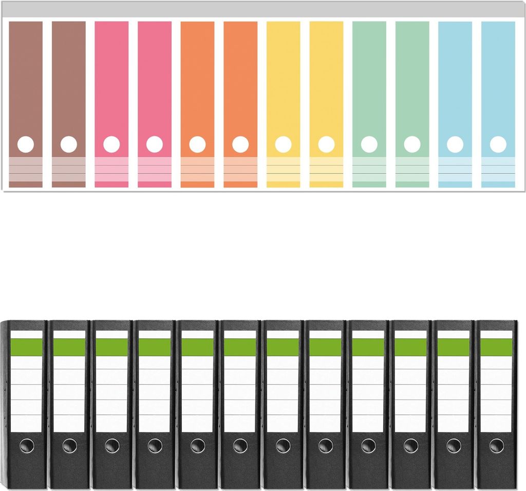 Wallario 12 Stück breite Ordner inkl. Klebeetiketten mit Motive Regenbogen in Pastelltönen - Set mit Rückenschildern / Ordnerrücken Stickern