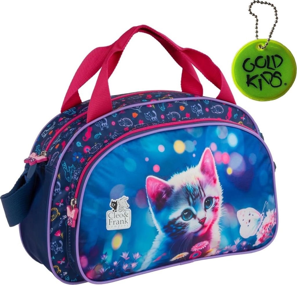 Goldkids - Sporttasche Kinder für Mädchen & Jungen Umhängetasche mit Katze Motiv Schwimmtasche verstärktem Boden Trainingstasche 40 cm x 23 14