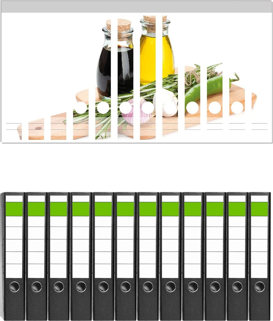 Wallario 12 Stück schmale Ordner inkl. Klebeetiketten mit Motive Gewürze, Kräuter und Öle auf einem Holz-Schneidebrett - Set mit Rückenschild...