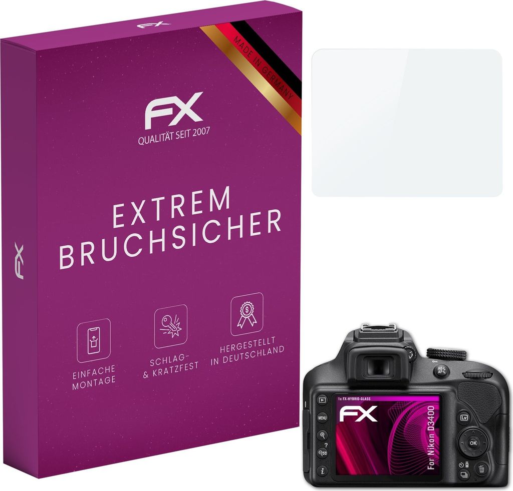 atFoliX FX-Hybrid-Glass Displayfolie kompatibel mit Nikon D3400 Glasfolie