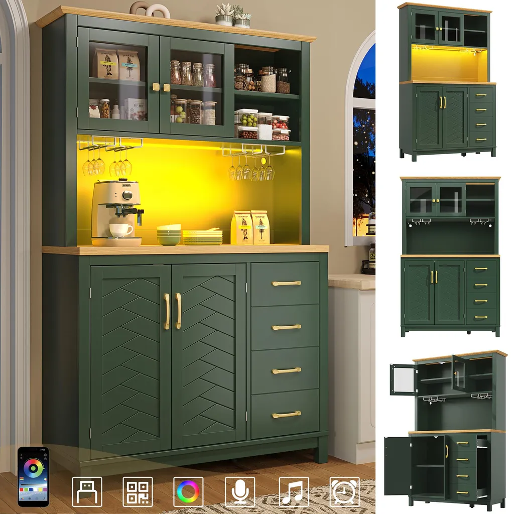 Vaisselier de cuisine rustique 180cm avec rangement LED et vitrine chic
