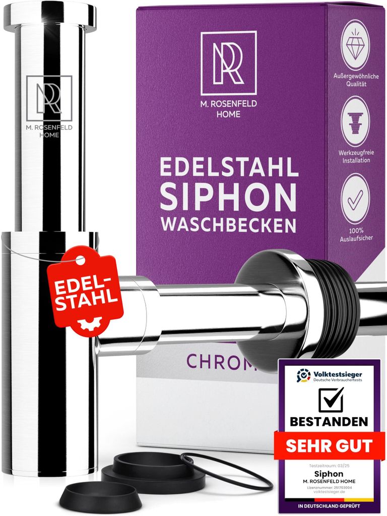 M. ROSENFELD HOME Siphon Waschbecken Edelstahl 60-140mm Höhe, Abflussrohr 330mm Länge, 1 1/4" für Bad & Waschtisch mit Reinigungsöffnung, Dicht...