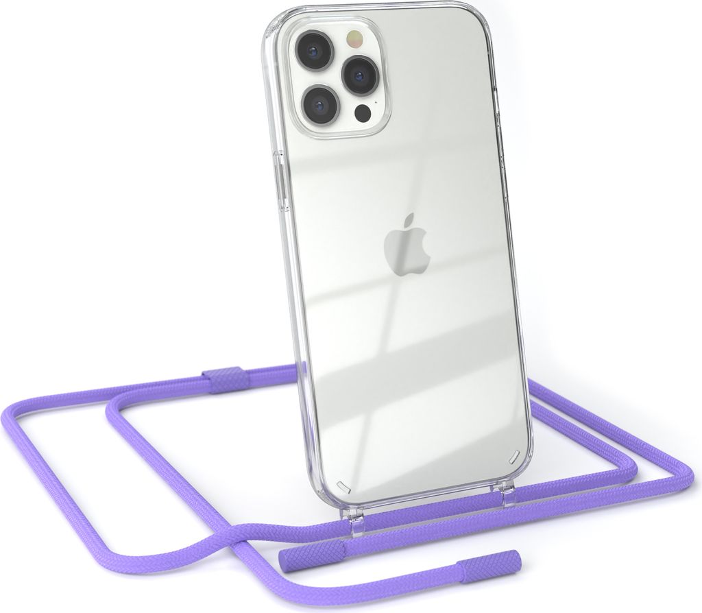 EAZY CASE Handykette für Apple iPhone 12 Pro Max, Clear Case aus Silikon, mit Umhängeband, abnehmbare Endstücke, Handyband in Violett