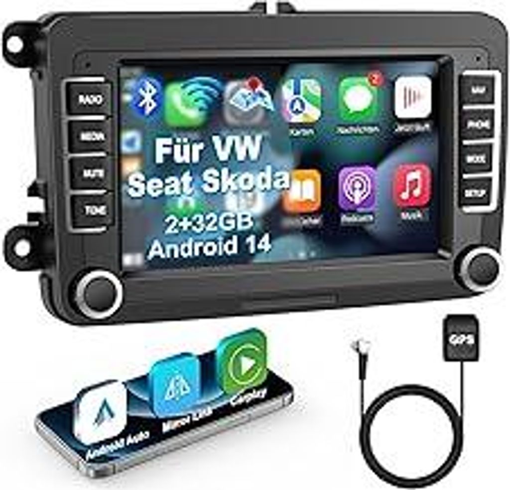 Bluetooth Autoradio mit Bildschirm für Golf 5 6 VW Polo T5 Passat Touran Seat mit Navi WLAN FM/AM, Apple Carplay, Android Auto, Lenkrad Strg, 2Din...