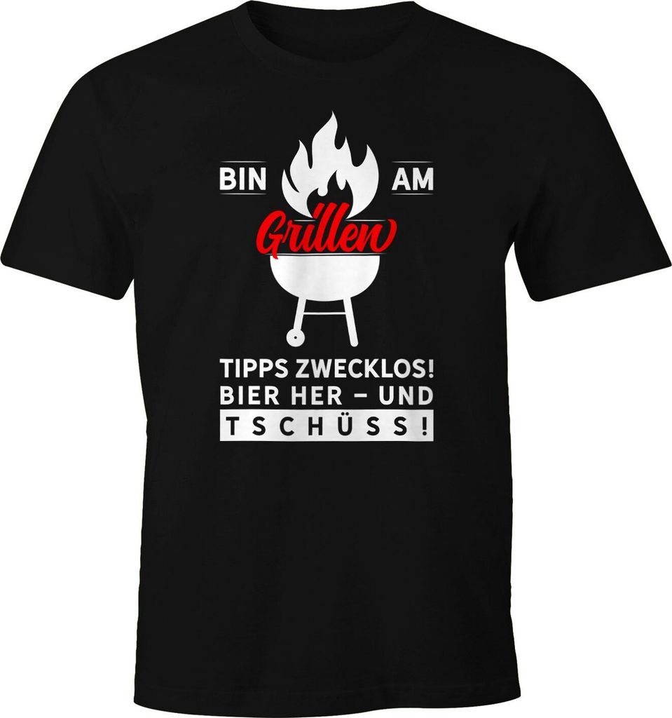 Herren T-Shirt Bin am Grillen Fun-Shirt Spruch-Shirt Foodie Barbecue BBQ Tee Bier Moonworks schwarz L