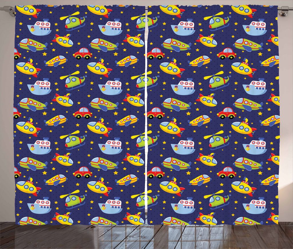 ABAKUHAUS Flugzeug Rustikaler Gardine, Transport Jungen, Schlafzimmer Kräuselband Vorhang mit Schlaufen und Haken, 280 x 225 cm, Mehrfarbig