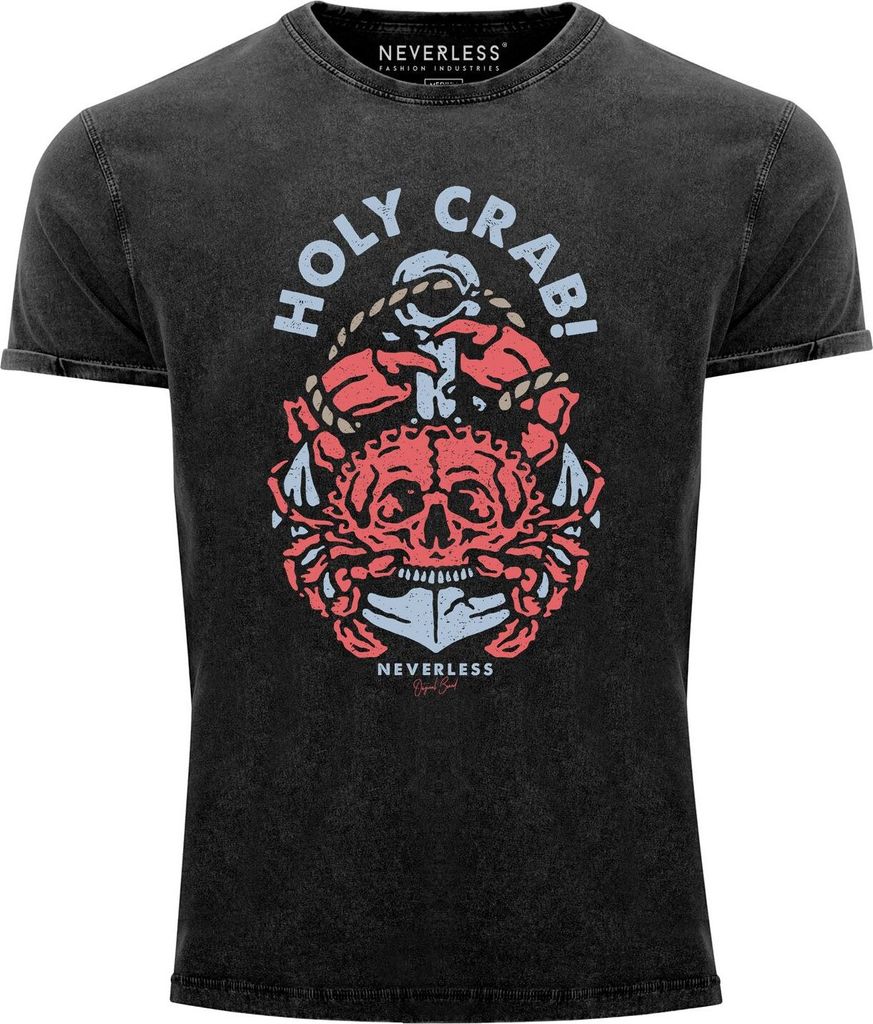 Neverless Herren T-Shirt Vintage Shirt Printshirt Skull Crab Anker maritimes Motiv witzig Aufdruck Used Look Slim Fit schwarz XXL