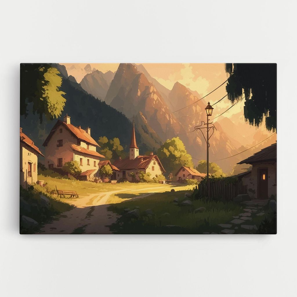 ARTHUB Leinwandbild 40x60 cm, Grassy Village View | Wohnzimmerdekoration, Hängende Bilder, Wanddekoration, Heimdekoration, Landschaften, Ländlich