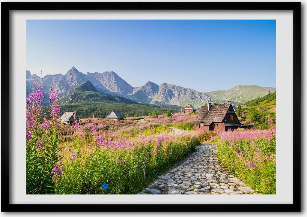 Bild - Bilderrahmen - 100 cm x 70 cm - MDF - Rahmen - Foto - Wandkunst Hütten in den Bergen