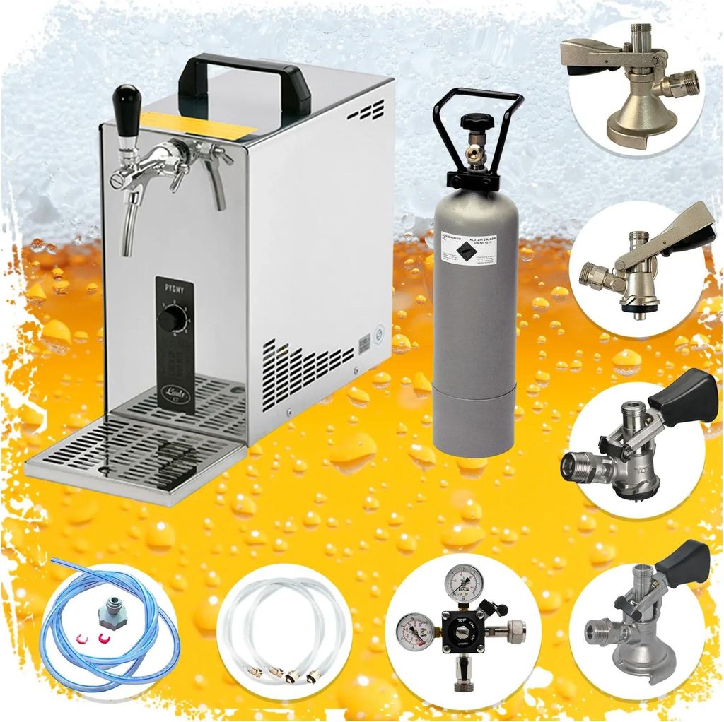 Komplett Set - Zapfanlage, Bierzapfanlage, Bierkoffer, Durchlaufkühler PYGMY 25 1-leitig Trockenkühler, 35 Liter/h, Zapfkopf: Set alle Zapfköpfe