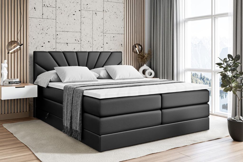 ALTDECOR Boxspringbett mit 2 Matratzen und Topper - 200x200 cm - MILTIO KING - Schwarz Kunstleder - Polsterbett mit, H3- und H4- Matratzen, Bettkas...