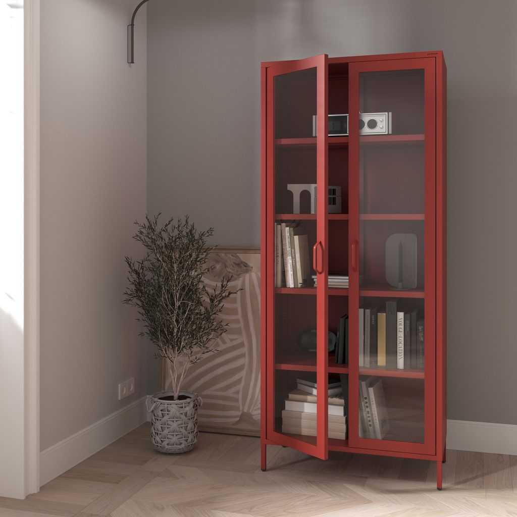 Vitrinenschrank Wohnzimmerschrank mit 4 Fachböden Vitrine Glitzernd Metall Rot