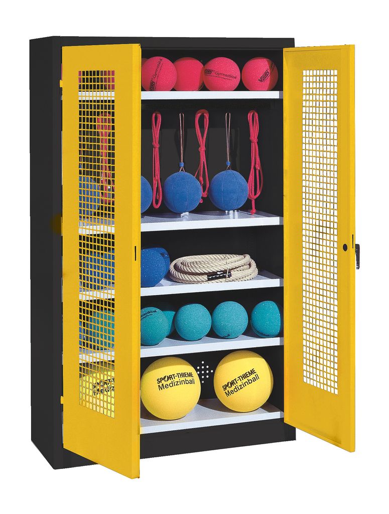 C+P Sportgeräteschrank mit Lochblech-Flügeltüren (Typ 2), HxBxT 195x120x50 cm, Ergo-Lock Muldengriff, Verkehrsgelb (RAL 1023), Anthrazit (RAL 70...