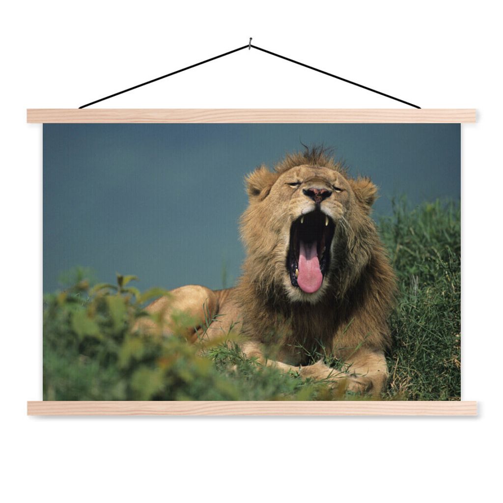 MuchoWow Textilposter Löwe - Wildes Tier - Savanne 60x40 cm mit holzfarbenen Rahmen - Bilder