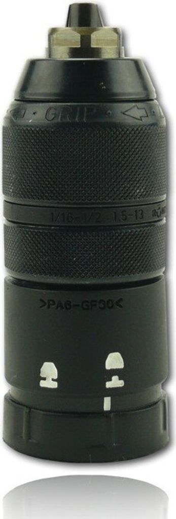 A close-up studio shot of a drill chuck.