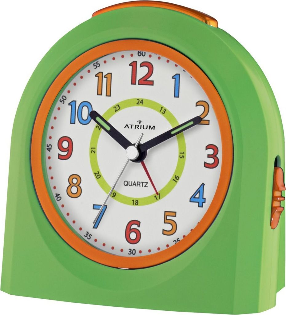 A close-up studio shot of a green and orange analog alarm clock.