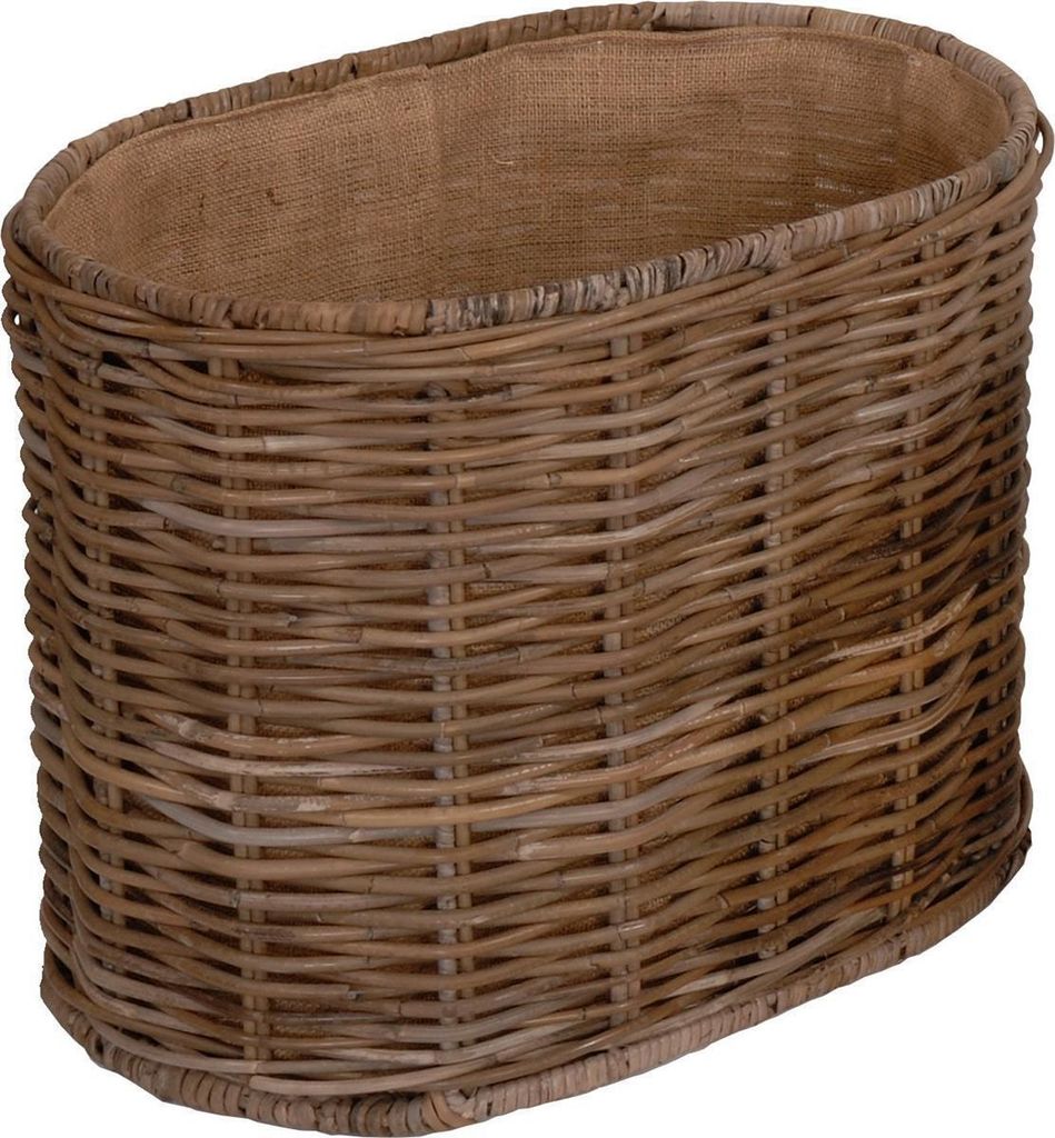 KRINES HOME Holzkorb oval aus grauem Natur Rattan XL auf stabilem Eisenrahmen / geflochtener Kaminkorb mit Jute 60x43
